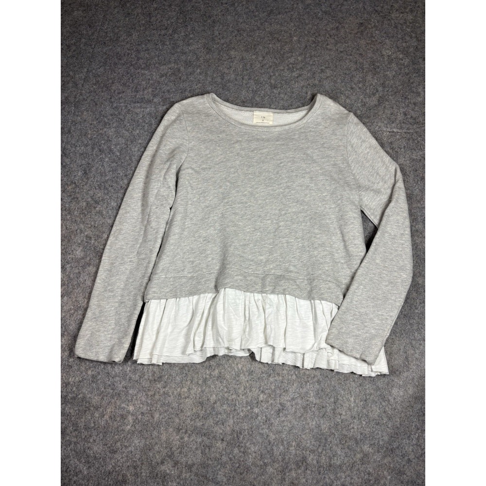 T.La Anthropologie Women's S Gray White Ruffle Sweatshirt Preppy Academia Classy
